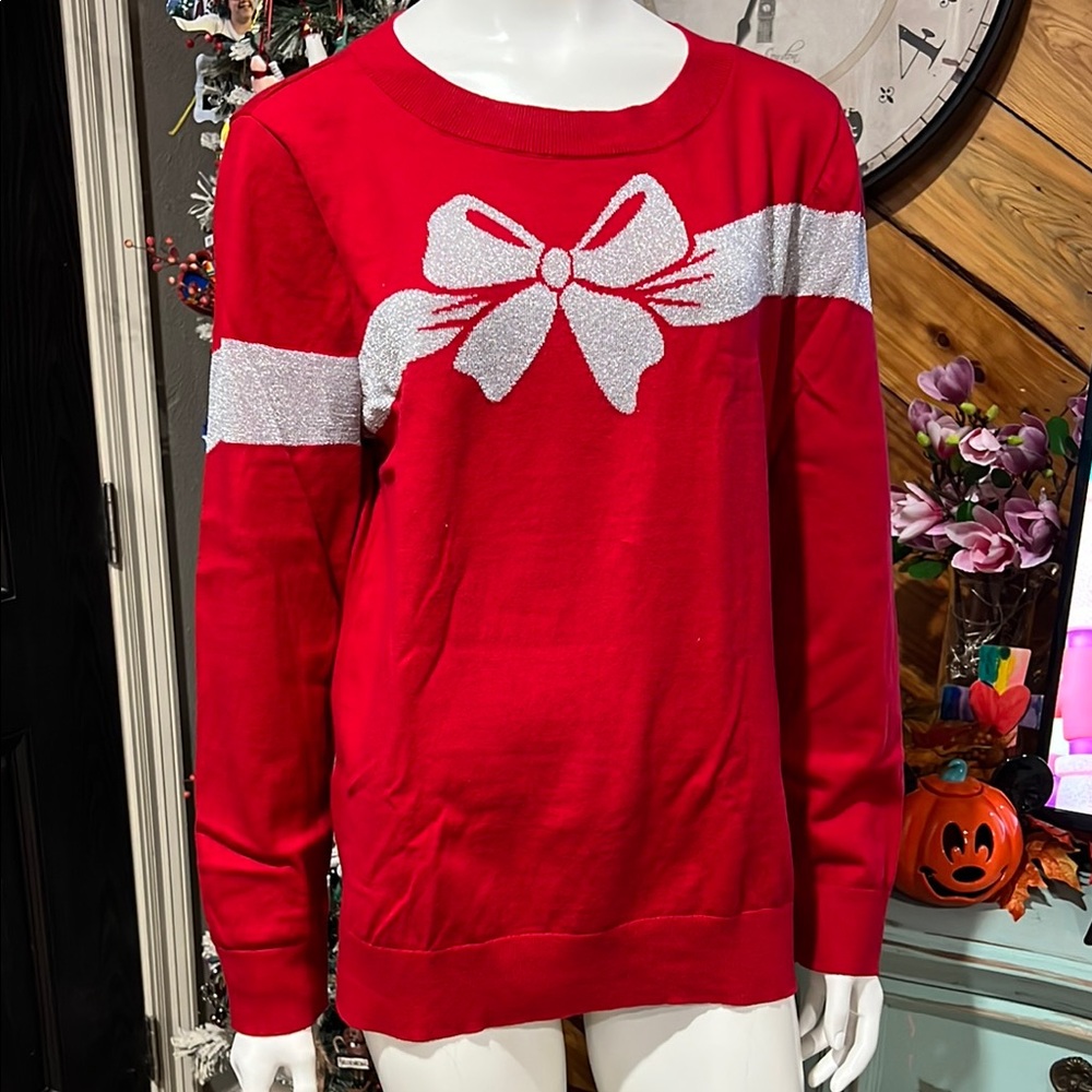 Red Sweater with Silver Bow Christmas XL #EE